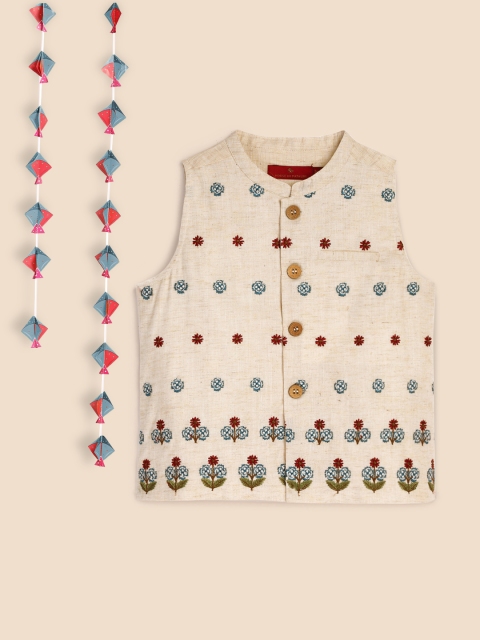 

House of Pataudi Boys Beige Woven-Design Nehru Jacket