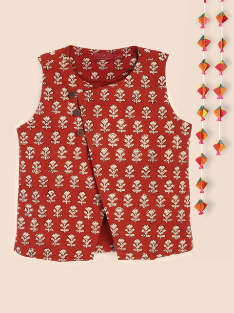 

House of Pataudi Boys Red & Beige Jashn Floral Cotton Ethnic Jacket