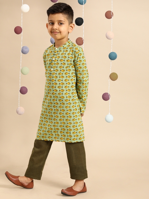 

House of Pataudi Boys Green Rozana Quirky Printed Straight Cotton Kurta