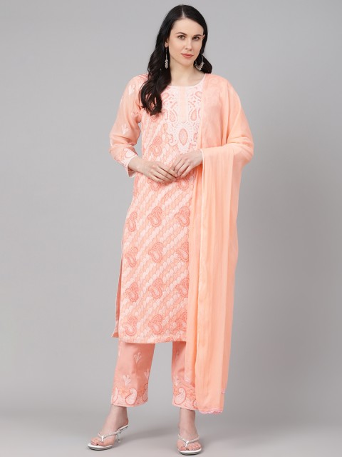 

ADA Peach-Coloured Pure Cotton Unstitched Chikankari Hand Embroidered Dress Material