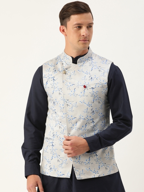 

The Indian Garage Co Men Grey & Blue Floral Printed Woven Nehru Jacket