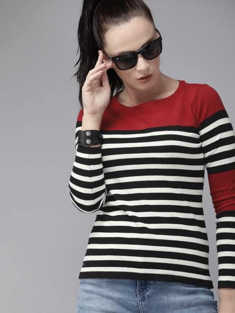 

Roadster Women Black & White Striped Round Neck T-shirt