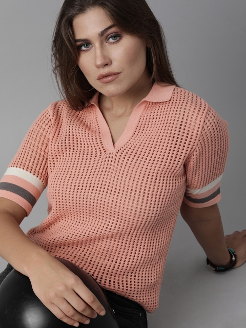 

Roadster Women Peach-Coloured Self-designed Regular Top