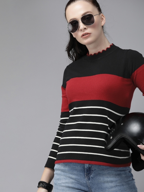 

Roadster Women Black & Red Striped Round Neck T-shirt with Lettuce Edge Detailing