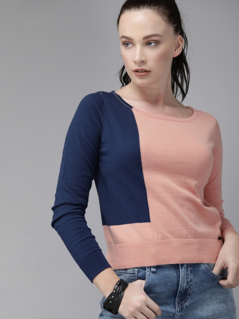 

The Roadster Lifestyle Co Women Coral Pink & Navy Blue Colourblocked Regular Top