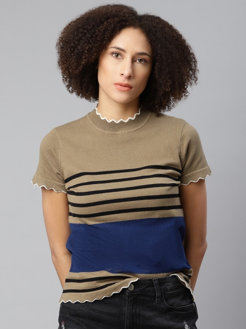 

The Roadster Lifestyle Co Women Taupe & Blue Striped High Neck T-shirt