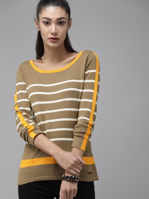

The Roadster Lifestyle Co Beige & White Striped Regular Top