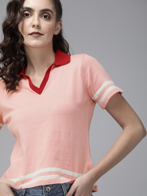 

The Roadster Lifestyle Co Women Pink Solid Regular Top with Contrast Collar