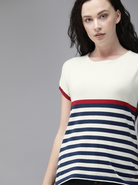 

The Roadster Lifestyle Co Women Off-White & Navy Blue Striped Regular Top