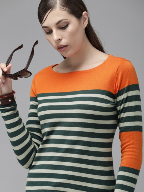 

The Roadster Lifestyle Co Green & Orange Striped Regular Top