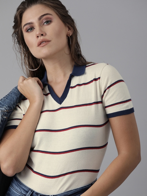 

Roadster Women Cream-Coloured & Red Striped Regular Top
