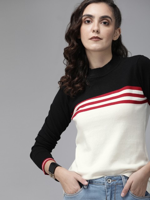 

The Roadster Lifestyle Co Women Off-White & Black Striped Regular Top