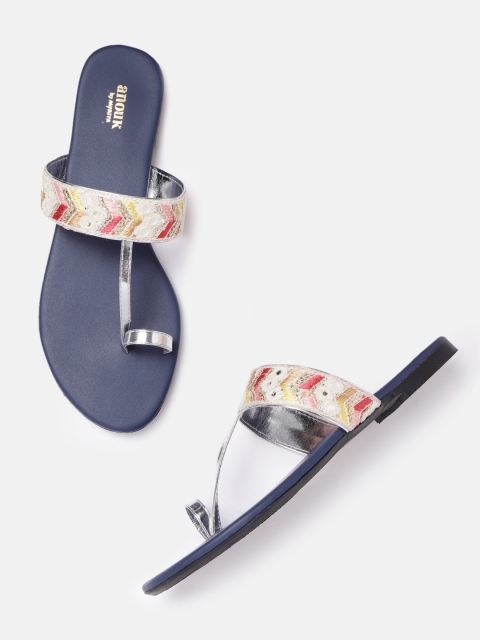 

Anouk Women White & Pink Embroidered Handmade One-Toed Flats with Mirror Work