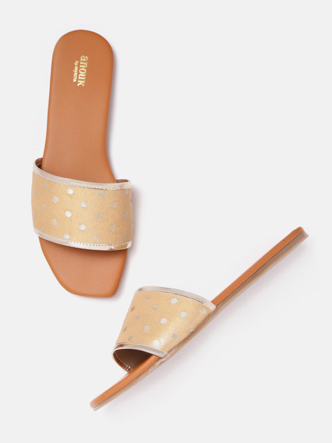 

Anouk Women Beige & Gold-Toned Woven Design Handmade Open Toe Flats