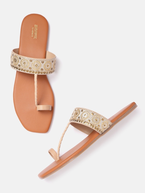 

Anouk Women Beige & Gold-Toned Embroidered & Sequinned Handmade One-Toed Flats