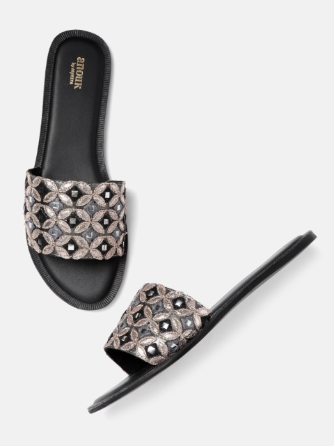 

Anouk Women Black & Gold-Toned Embroidered & Mirror Work Handmade Open Toe Flats