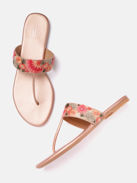 

Anouk Women Rose Gold-Toned & Pink Floral Embroidered Sequinned Handmade Open Toe Flats