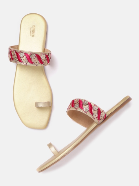 

Anouk Women Gold-Toned & Fuchsia Pink Embroidered Handmade One Toe Flats