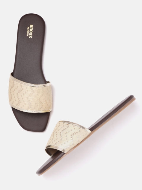 

Anouk Women Beige & Gold-Toned Woven Design Handmade Open Toe Flats