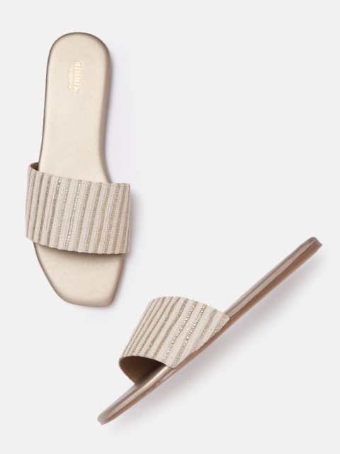 

Anouk Women Off-White & Gold-Toned Handmade Self Striped Open Toe Flats