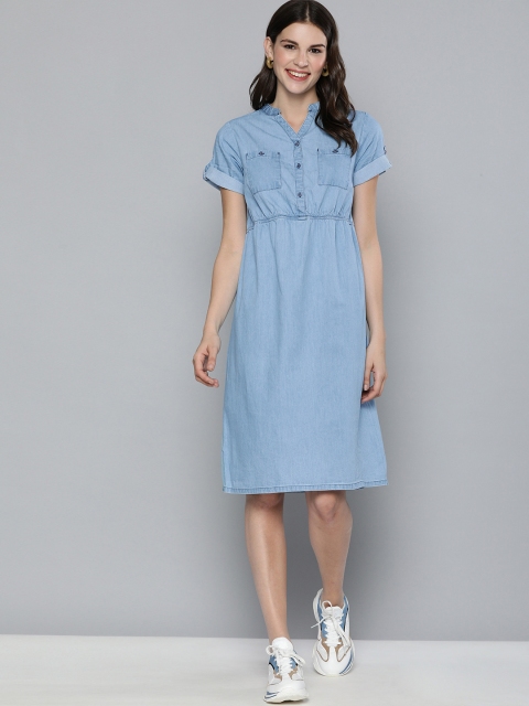 

HERE&NOW Women Blue Solid Chambray A-Line Dress