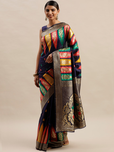 

Varanga Navy Blue & Yellow Woven Design Kanjeevaram Saree
