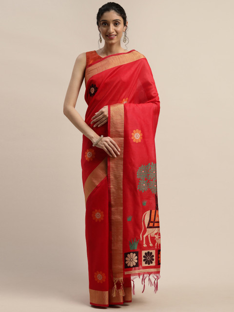 

Varanga Red & Gold-Toned Woven Design Kanjeevaram Saree