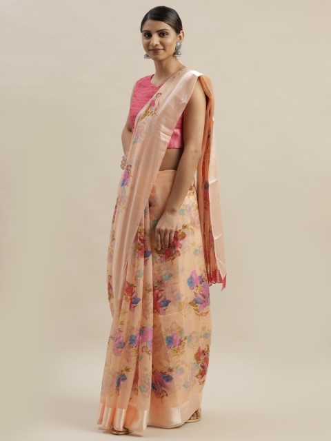 

Varanga Peach-Coloured & Red Floral Printed Saree