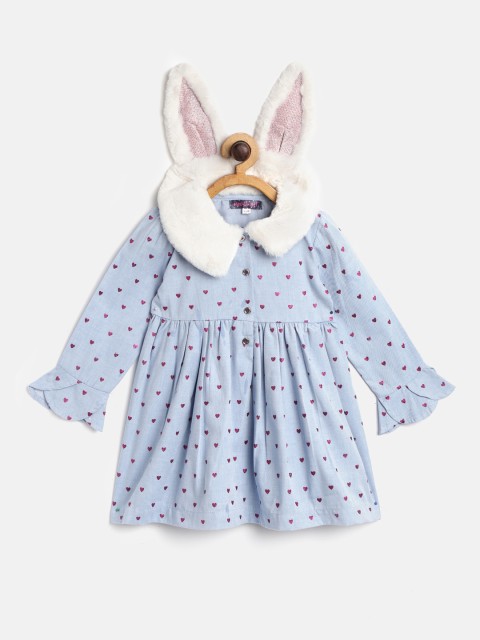 

Nauti Nati Infant Girls Blue Heart Print Cotton Fit & Flare Dress with Bunny Ears Applique