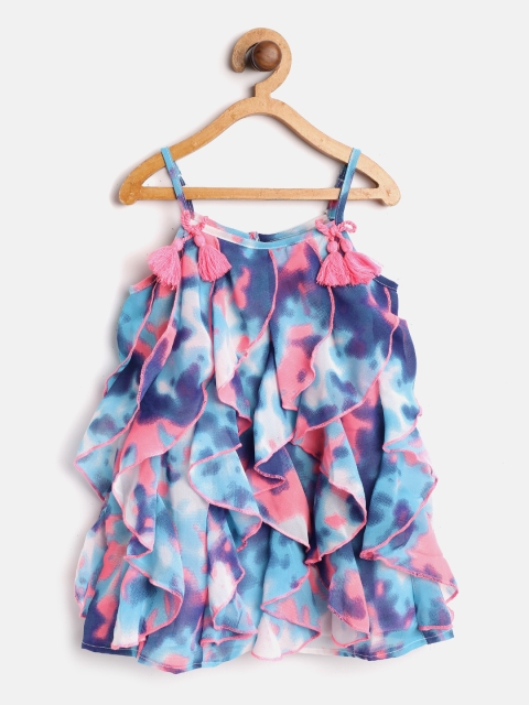 

Nauti Nati Infant Girls Blue & Pink Tie & Dye Ruffled A-Line Dress with Tassel Detail