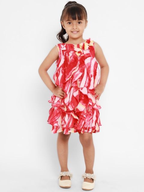 

Nauti Nati Girls Red & White Tie & Dye Ruffled A-Line Dress with Floral Appliques