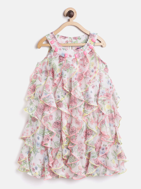 

Nauti Nati Girls Pink & Off-White Floral Print Ruffled A-Line Dress