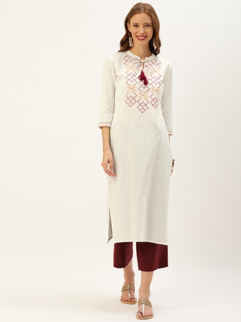 

Rajnandini Women Off-White & Maroon Printed Straight Kurta