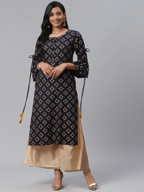 

clorals Women Navy Blue & Golden Printed Straight Kurta