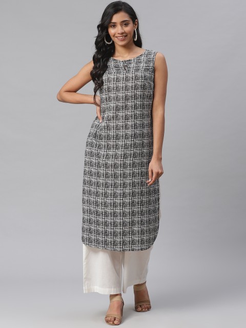 

clorals Women Black & White Checked Straight Kurta