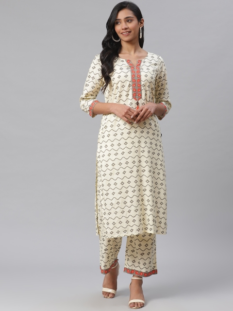 

clorals Women Cream-Coloured & Grey Abstract Printed Kurta with Palazzos