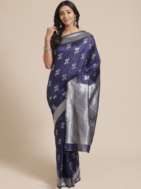 

Mitera Navy Blue & Silver Zari Woven Design Banarasi Saree