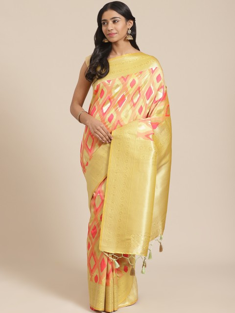 

Mitera Yellow & Coral Pink Zari Woven Design Banarasi Saree