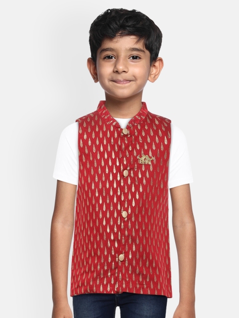 

Lil Peacock Boys Red & Gold-Toned Woven Design Regular Fit Nehru Jacket