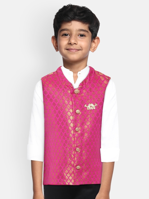 

Lil Peacock Boys Fuchsia & Gold-Toned Woven Design Regular Fit Nehru Jacket