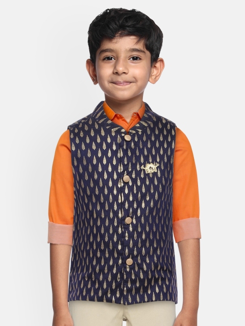 

Lil Peacock Boys Navy Blue & Gold-Toned Woven Design Regular Fit Nehru Jacket