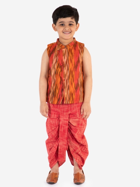

Lil Peacock Boys Red & Orange Printed Coat with Dhoti Pants