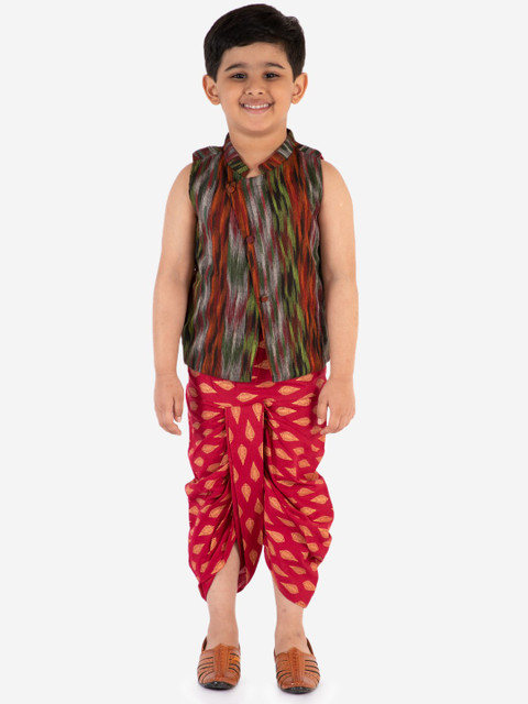 

Lil Peacock Boys Multicoloured Printed Coat with Dhoti Pants, Multi