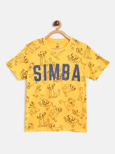 

YK Disney Boys Yellow & Black Pure Cotton Simba Printed Round Neck T-shirt