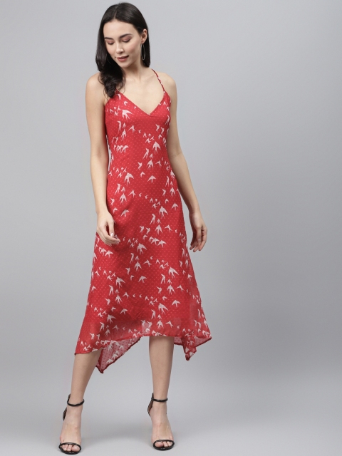 

I AM FOR YOU Women Red & White Birds Printed A-Line Dress