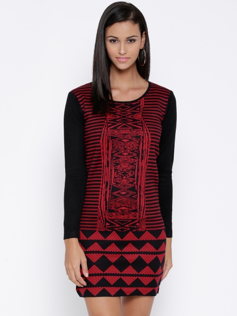

Global Desi Black & Red Patterned Sheath Dress