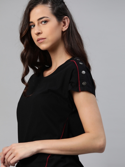 

Roadster Women Black Solid Extended Sleeves T-shirt With Button Detail