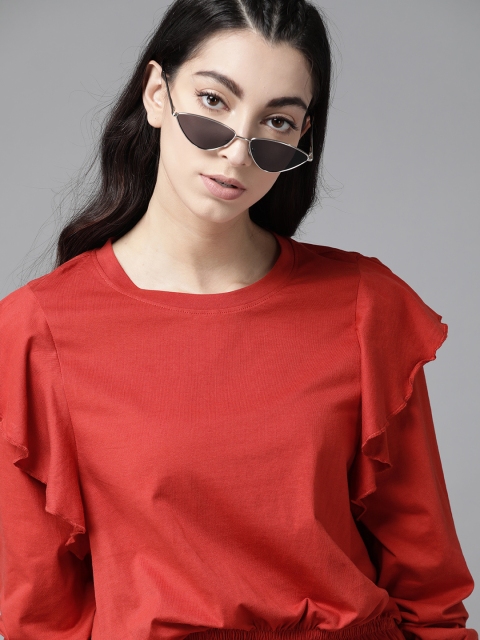 

The Roadster Lifestyle Co Women Red Solid Cinched Waist Top With Ruffle Detail