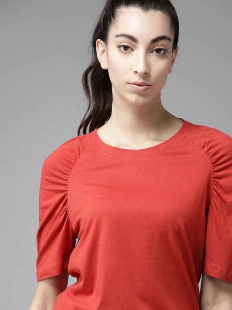 

Roadster Women Rust Orange Solid Puff-Sleeves Top