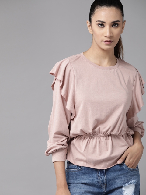 

The Roadster Lifestyle Co Pink Cuffed Sleeves Cinched Waist Top with Ruffles